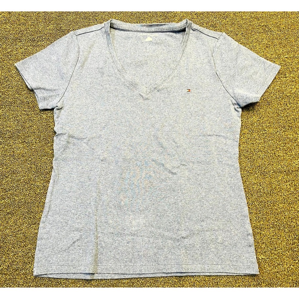 Tommy Hilfiger T-Shirt Womens Large Heather Blue Cap Sleeve V-Neck Everyday Wear